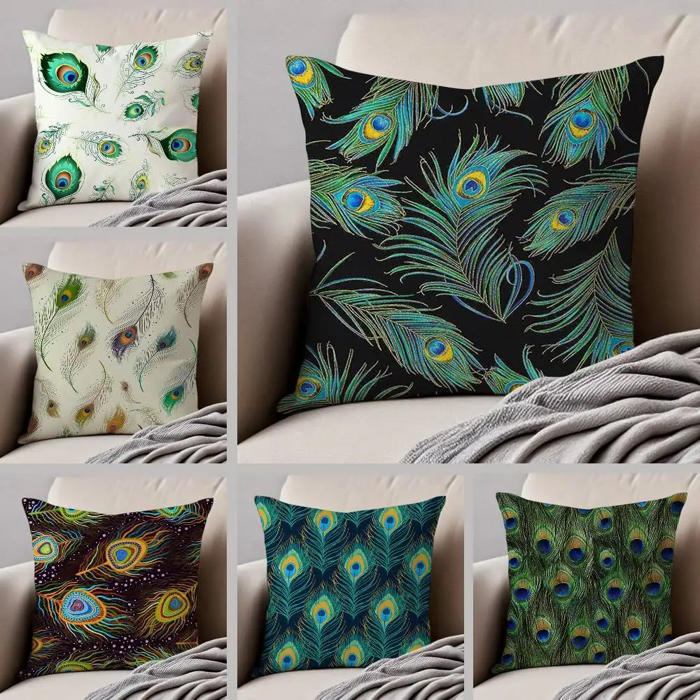

P-Peacock Feather Pillow Case Anti-dustmite Pillowcase Invisible Zipper Silky Short Plush Sofa Cushion Cover
