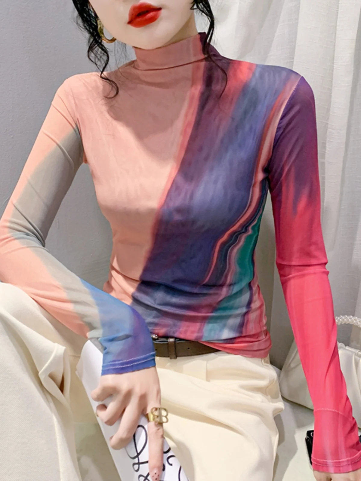 S-4XL Fairy Mesh T-shirt Moda Damska Jesień Długi Rękaw Wysoka Szyja Siateczkowe Koszulki Damskie Pozycjonowanie Wróżki Top z Nadrukiem Wagi