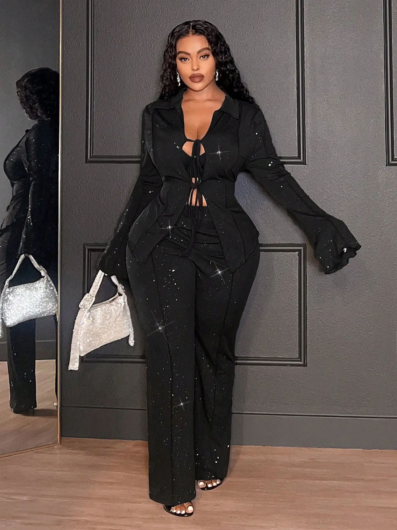 

Комплект из двух предметов больших размеров: черный топ с бантом спереди и расклешенные брюки, элегантный костюм для вечерних выходов для женщин