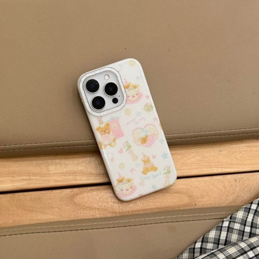 

Блестящий противоударный защитный чехол для телефона с милой чашкой и медведем, цветком и бантом для iPhone 17, 16, 15, 14 Pro Max