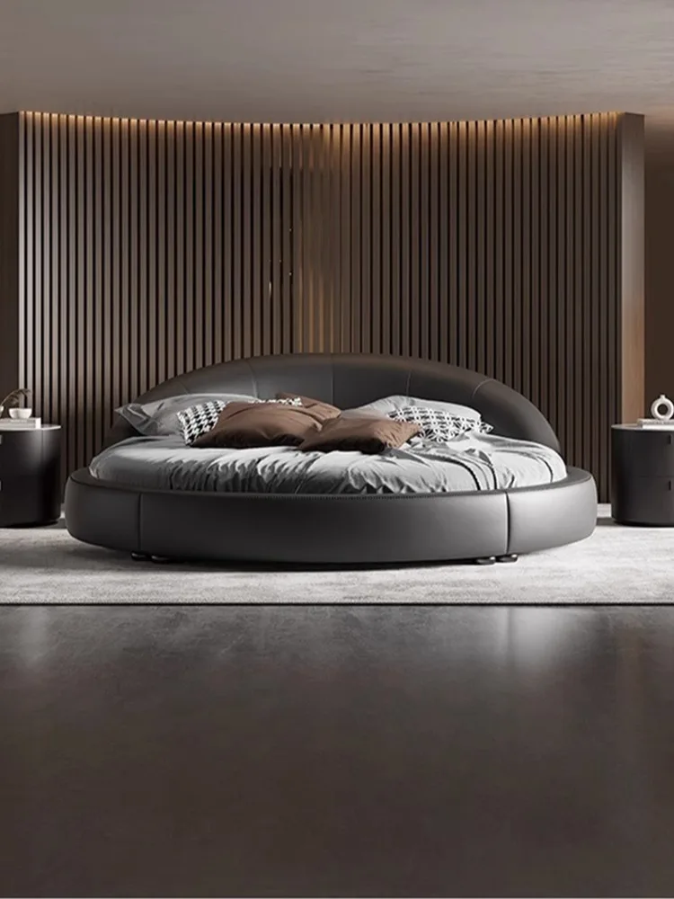 

HHМинималистичная большая круглая кровать, двуспальная кровать, светлая роскошная мягкая кровать в кремовом стиле для роскошного отеля