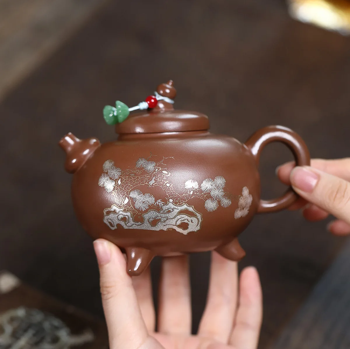 Handmade Yixing Purple Clay Pot Famous Ore Pure Sand Three-Legged Gourd High-End Teapot 290c
