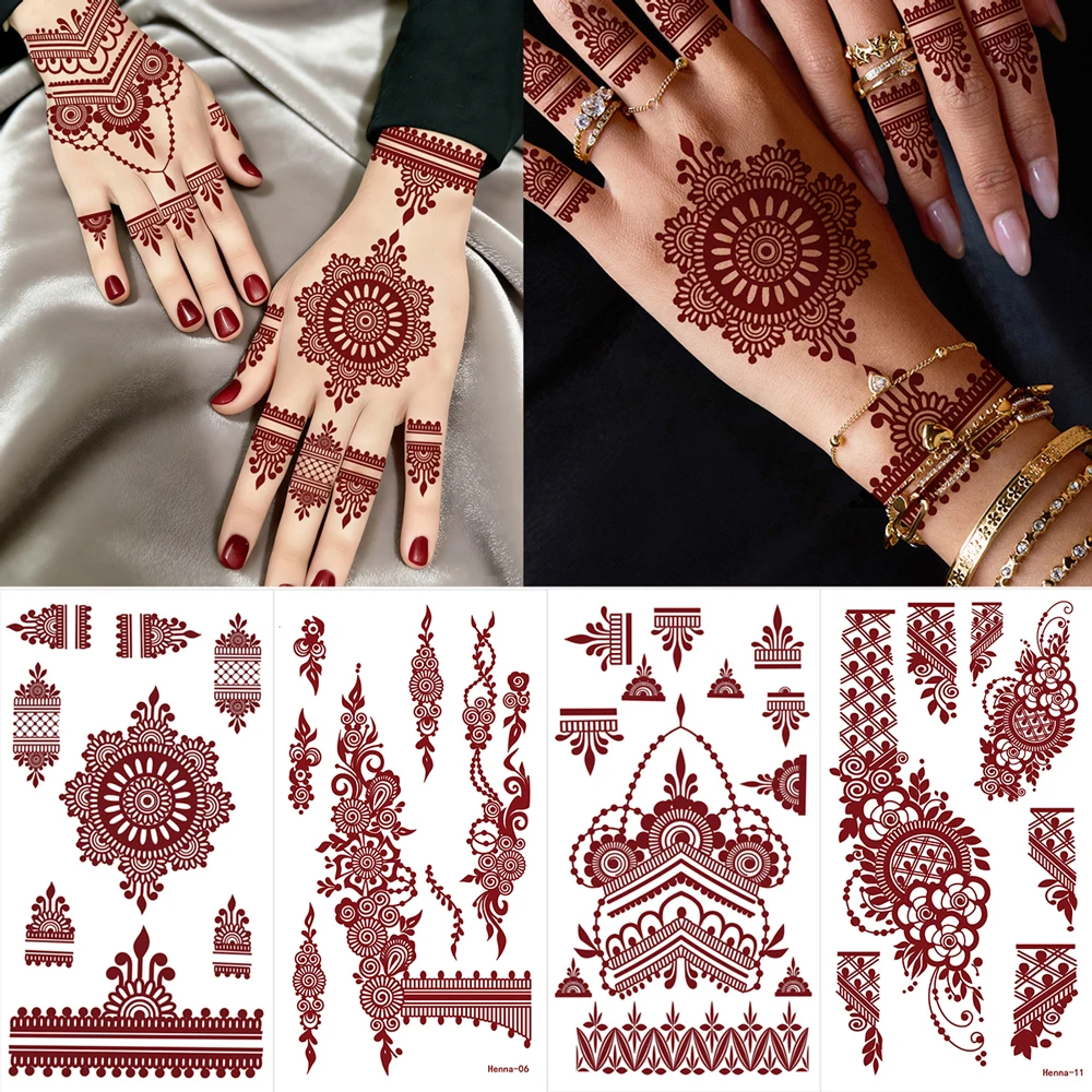 

1pc Brown Henna Tattoo Stickers for Women Waterproof Temporary Tattoos Mandala Mehndi Stickers for Hand Flower Fake Tattoo