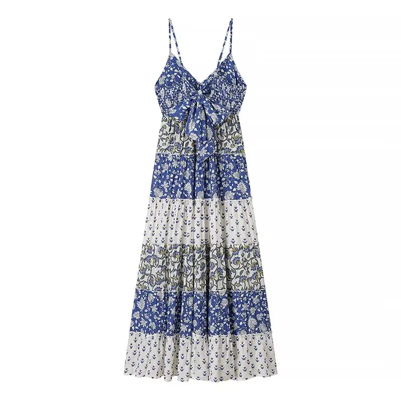 Boho floral impresso maxi vestido de verão feminino em camadas com tiras azul sem mangas arco vocação profundo v praia sexy senhoras vestidos novo