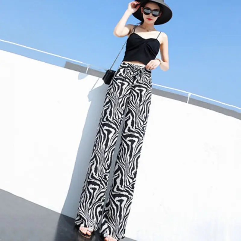 Women Summer Fashion Loose Ice Shreds Printing High Waist Straight Women Clothes Casual All-match Trend Appear Thin Trousers