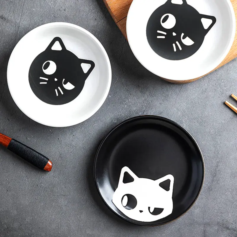 Ceramic Seasoning Dish Cartoon Cat Japanese Household Soy Sauce Vinegar Dishes Roast Meat Dip Round Snack Plate Bowl White Black