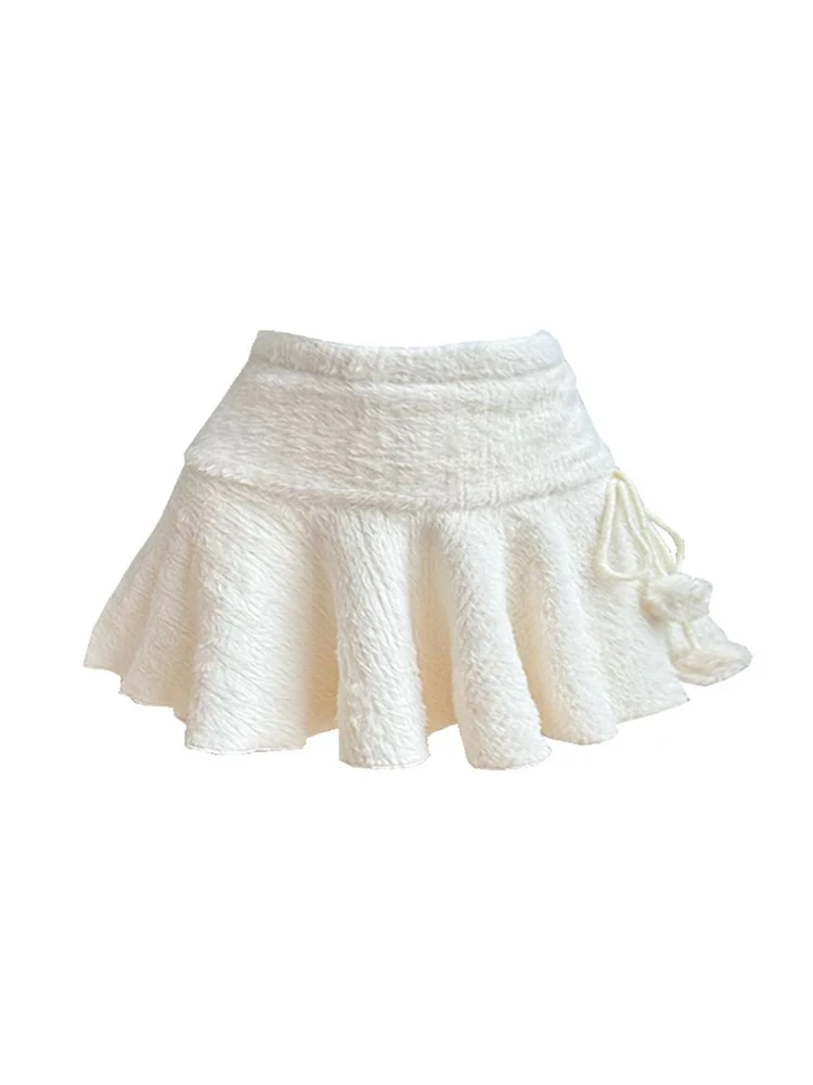 Retro American Knitted White Pure Desire Half Skirt Women's New 2024 Belted Short Pants Skirt Korean Style A-Line Short Skirt