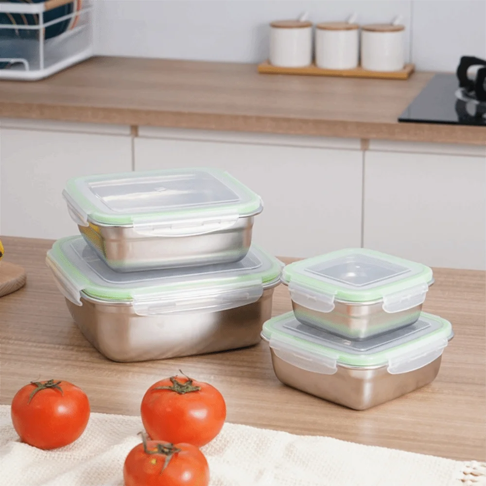 304 Stainless Steel Square Fresh-keeping Box Leak-proof Rust-proof Food Storage Container Sealed Lid Large Capacity