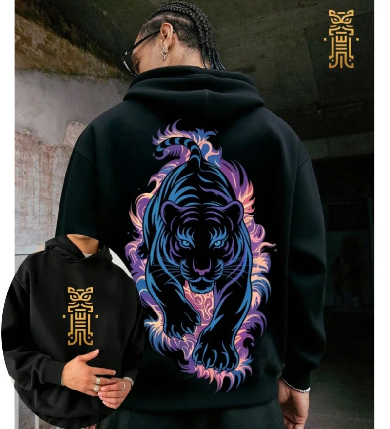 

Home 2025 Retro High Street Leopard Element Cool Front and Back Printed Pocket Thickened Casual Loose Autumn/Winter 2yk Hoodie