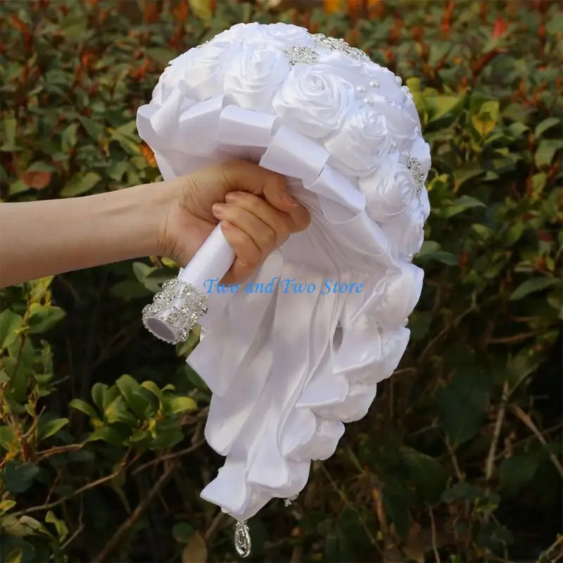 HX6F Elegant Golden Rhinestones Cascading Bride Bouquet Waterfall Wedding Party