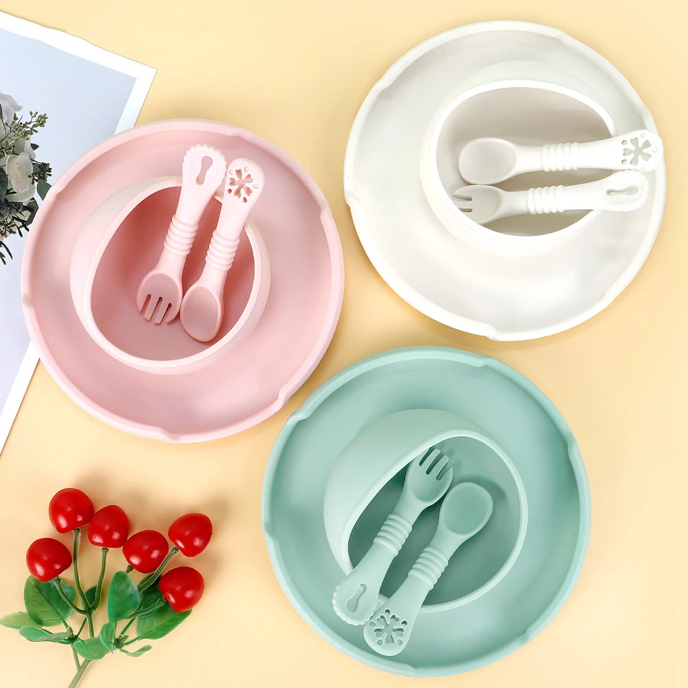 

TYRY.HU 4 шт./1 компл. силиконовый набор для кормления детей, нескользящая тарелка для малышей, миска, ложка для пюре, вилка, инструменты для кормления детей