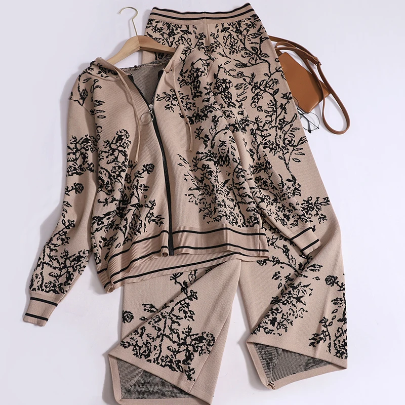 Women Sports Jacquard 2 Piece Set Fall Long Sleeve Zipper Hooded Cardigan and Elastic High Waist Wide Leg Pants Winter Knit Suit