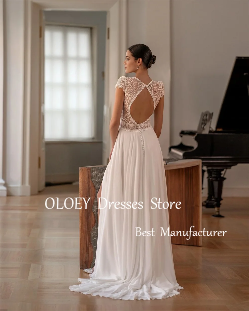 OLOEY Boho Ivory Wedding Dress Deep V Neck Bridal Gown Floor Length Side Slit Button Customized Backless Lace Chiffon Beach Gown
