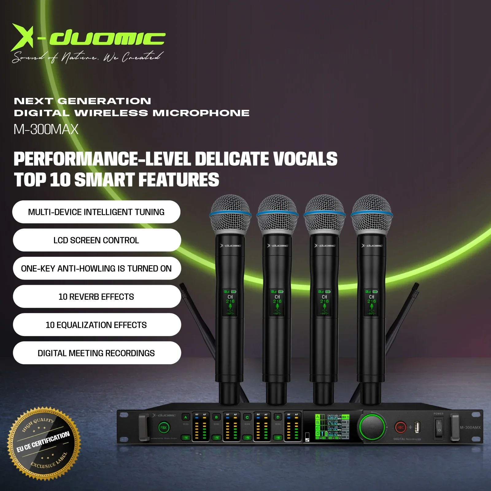 True Diversity Wireless Microphone System Digital Recording AntiHowling Ten Types of Reverb Balanced True Diversity Wireless Mic