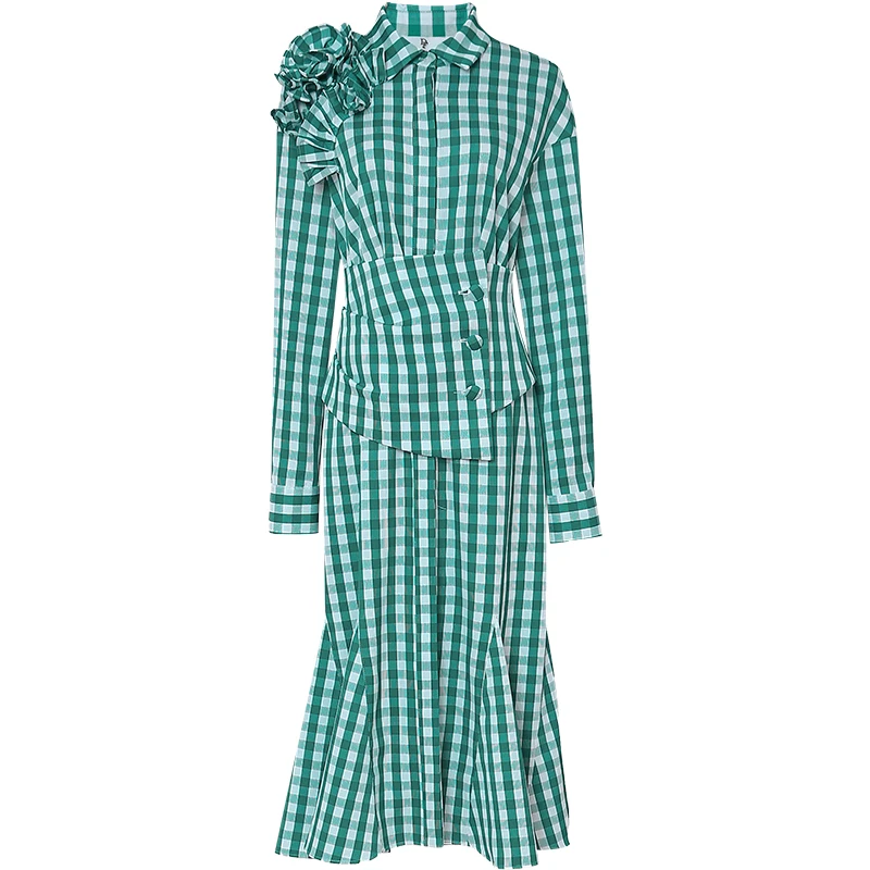 plaid ruffle dress spring new fashion three-dimensional flower style girdle mid-length green plaid shirt fishtail