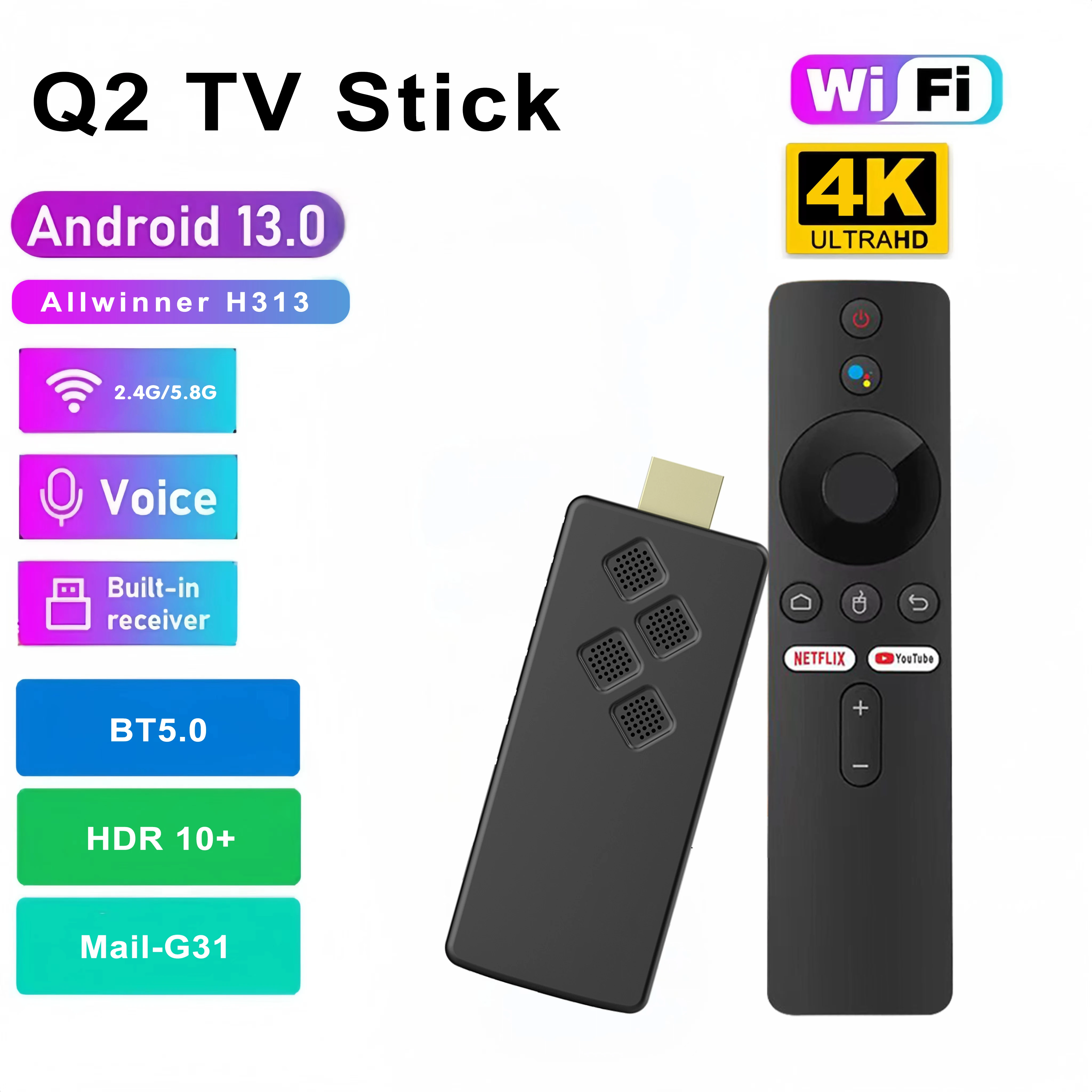 Android TV 13 Q2 TV Stick Voice Remote HDR 1080P 2GB RAM 8GB ROM Double Wifi 2.4G 5.8G Portable Mini TV Dongle Google Assistant