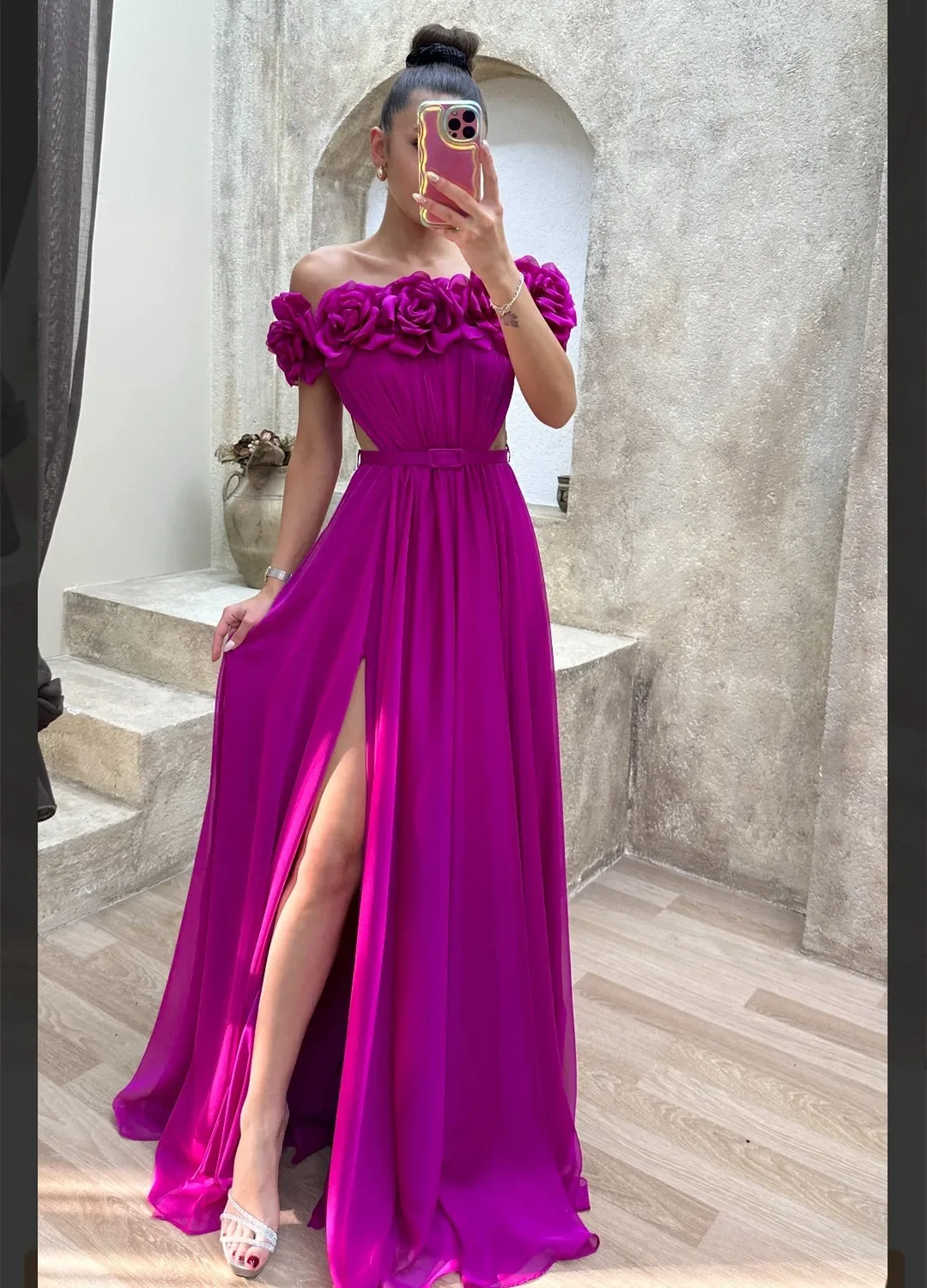 

Elegant Long Boat Neck Evening Dress With Slit/Flower A-Line Chiffon Floor Length Prom Dress Robes de Soirée for Women