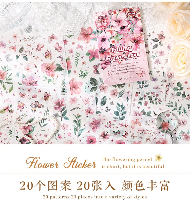 20 Sheets/pack Flower Images Die-cut Washi Sticker Book Watercolor Painting Plants Scrapbooking Creative Journal Collages