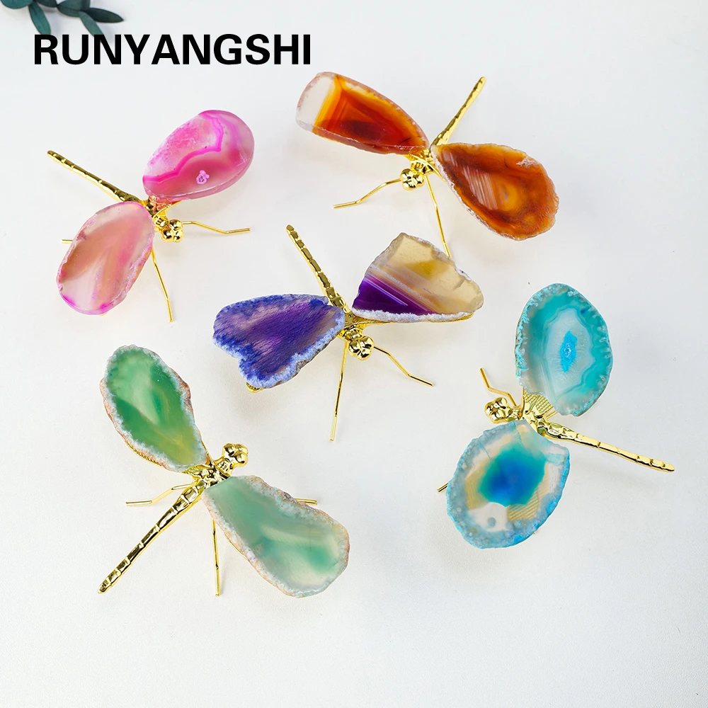 1pc Natural Crystal Colourful Agate Slice DIY Dragonfly Brass Accessories Children's Day Gifts Home Decoration