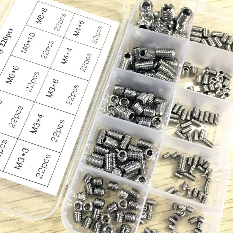 220 Stuks Rvs Allen Head Socket Hex Set Grub Schroeven Assortiment Kit Cup Punt Grub Bolt Schroef
