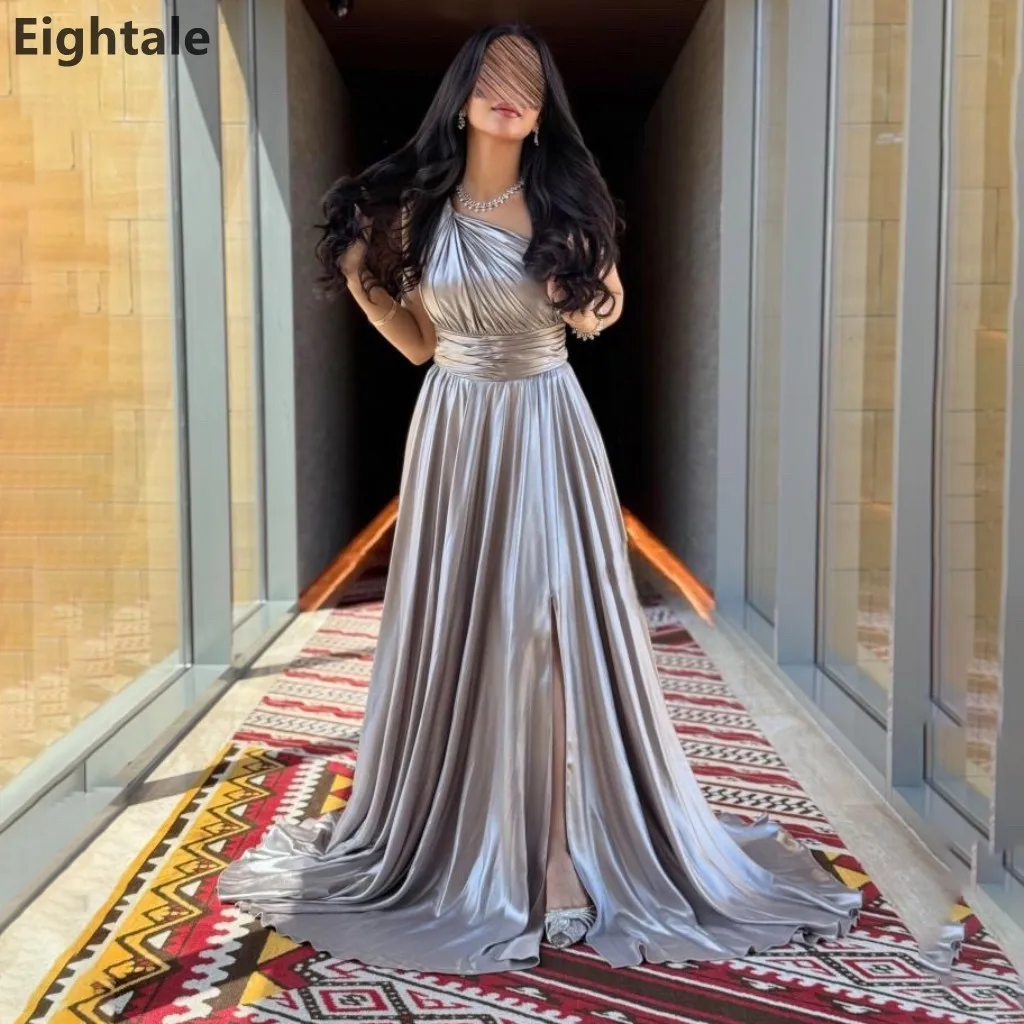 

Eightale 2025 Silver A Line Shinning Evening Dress Wedding Party Sexy Slit Formal Prom Dress Dubai Party Gown Customized