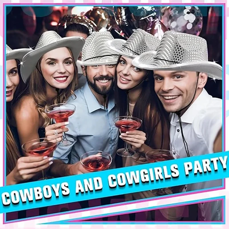 LED Light Up Cowboy Hat Sequin Neon Party Hats for Bachelorette Party Wedding Disco Dance Costume Props 2PCS view 3