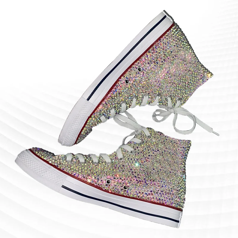 White diamond full banquet party wedding canvas shoes handmade custom large size high top lace-up sports women\'s shoes 35-44