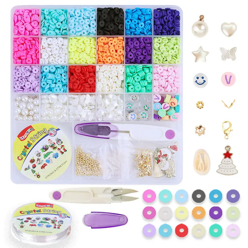 Kids DIY Clay Beads Set 24 Rainbow Color Flat Chip Beads for Boho Bracelet Necklce Making Letter Beads Handmade Accessories Kit