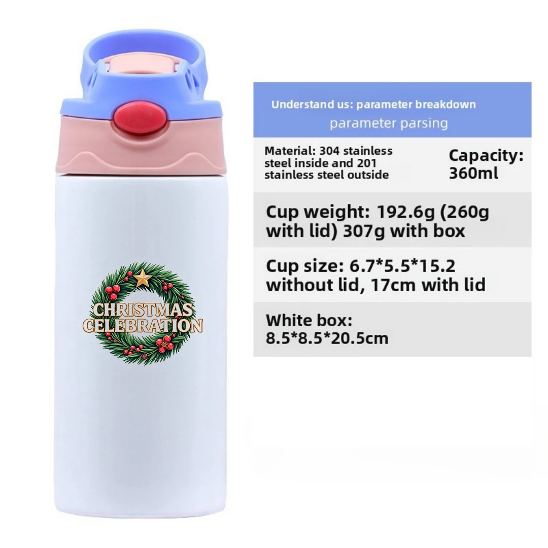 304 Stainless Steel Insulated Cup  Christmas Celebration Wreath Pattern Straw Childrens Water Cup  Gold Star Decoration Christm