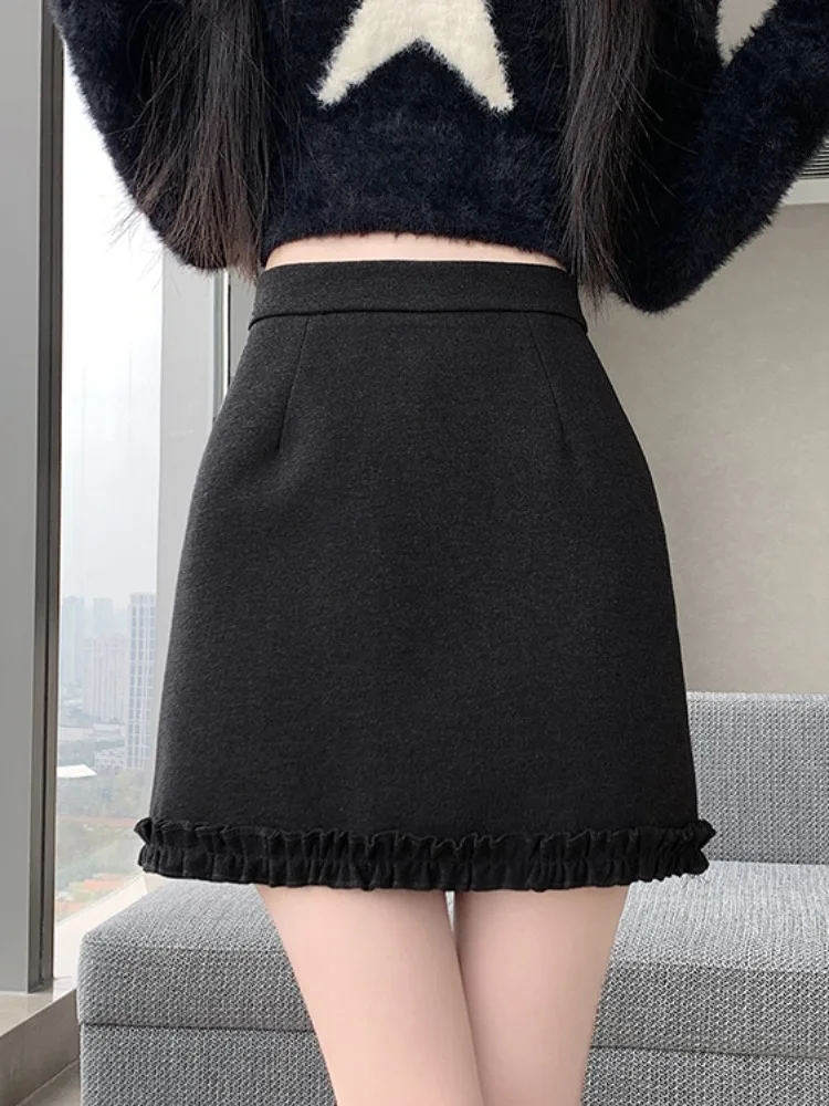 Falda acampanada de cintura alta de lana ay, falda ortopé adelgazante de invierno para mujer con empalme de encaje, Sle de viaje