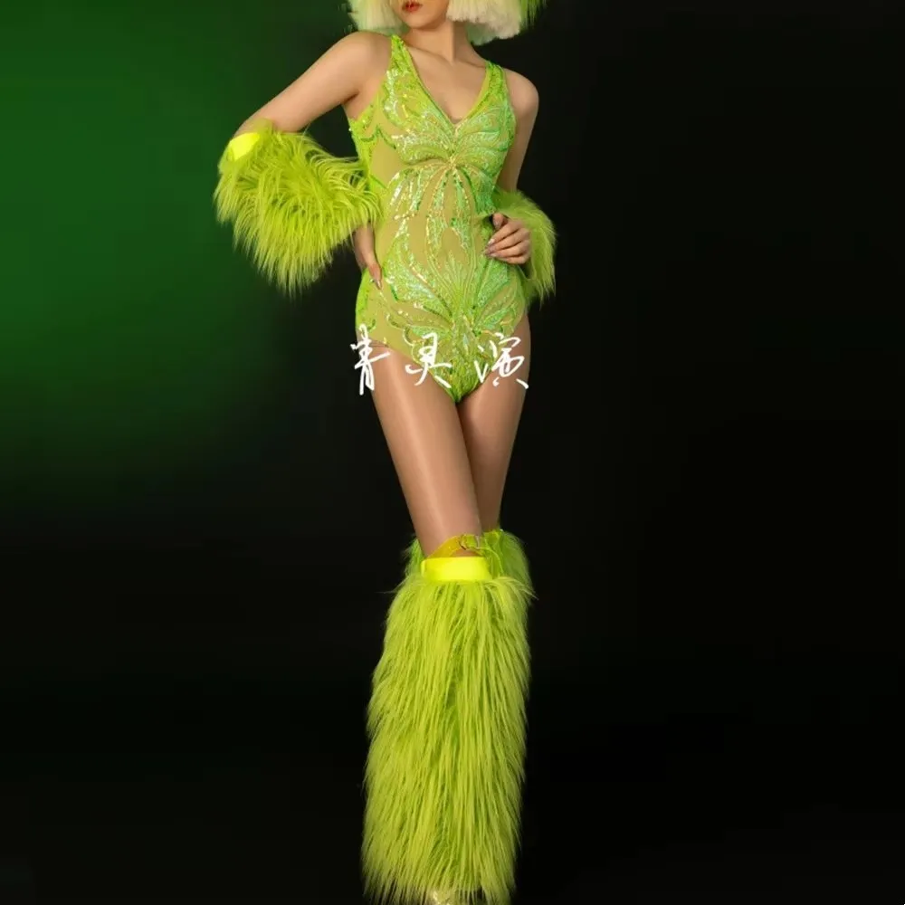 Vrouwen sexy pailletten bodysuit fluorescerend groen pluche manchet + beenbedekking + dansoutfit zanger concert stage party prestatie kostuum