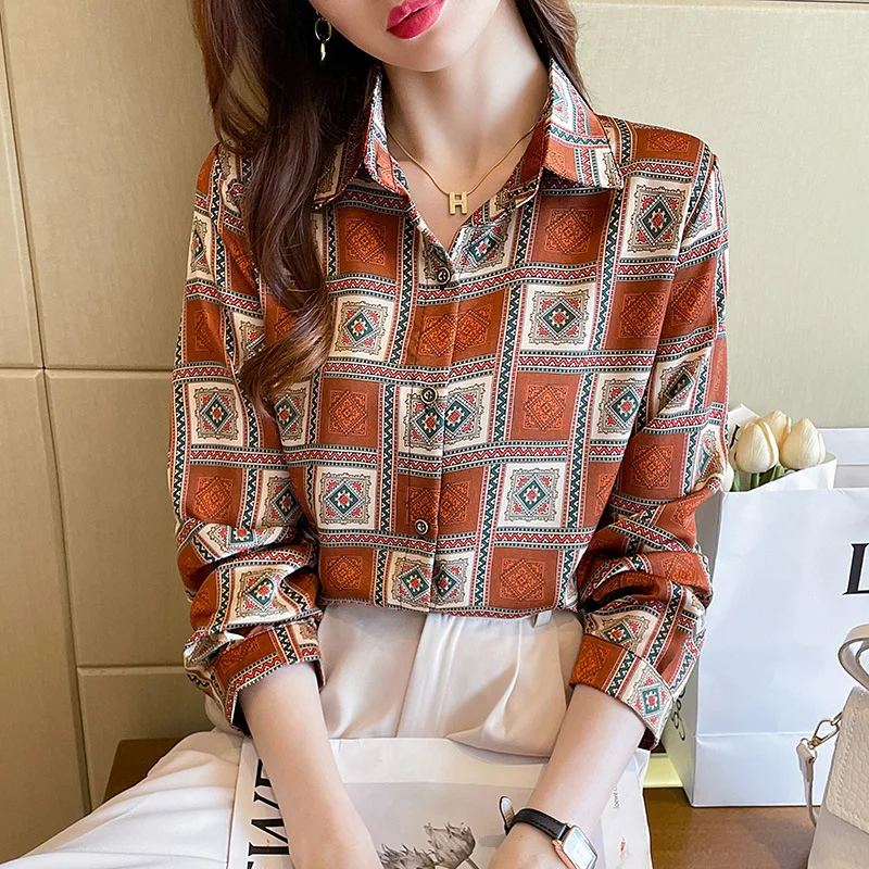 Women's Casual Shirt Fashion Vintage Silk Soft Long Sleeved Blouses European Style Loose And Comfortable Girl Student Top