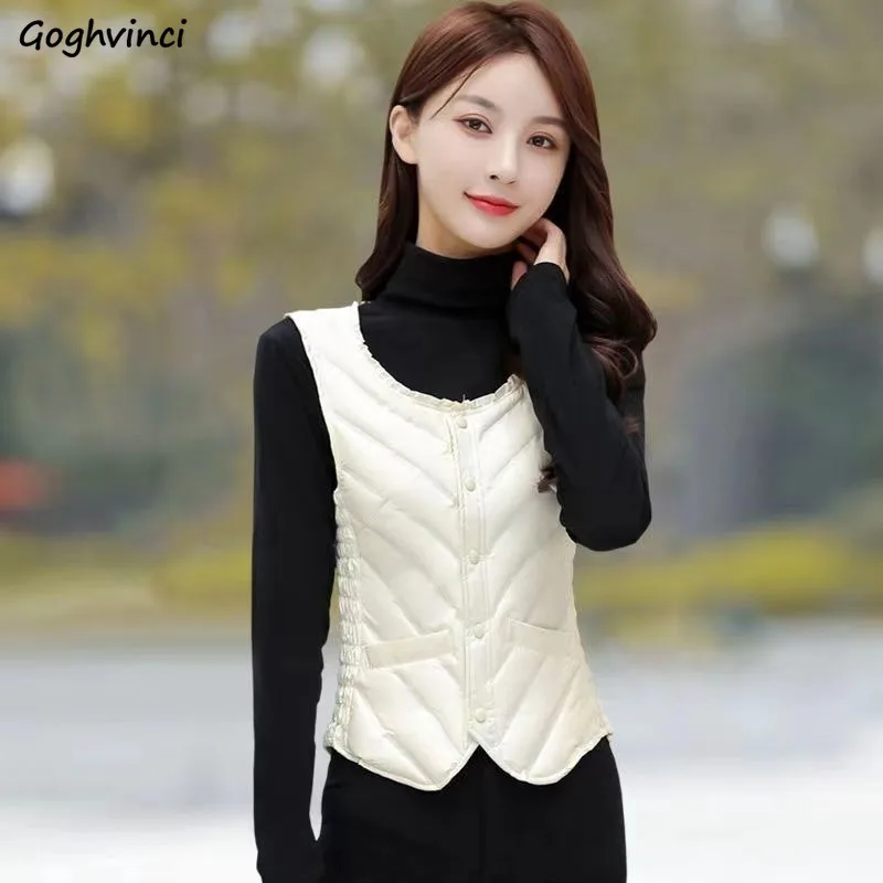 

Women Vests White Duck Down Button-up Solid Pockets Pleated Plus Velvet Ruffles Warm Autumn Winter All-match O-neck Coats Slim