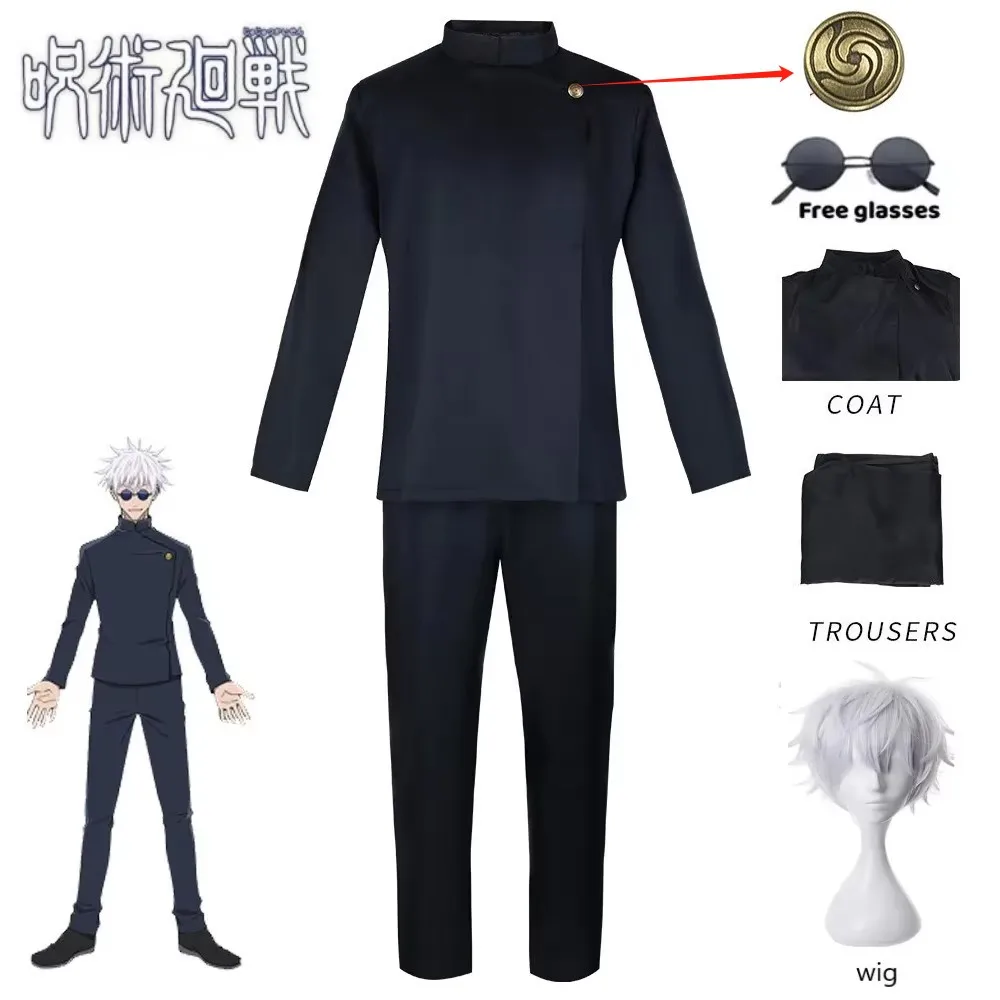 Anime Jujutsu Kaisen Schwarz Gojo Satoru Cosplay Kostüm Augenklappe Perücken Gläser Anime Halloween Party Männer Erwachsene Uniformen