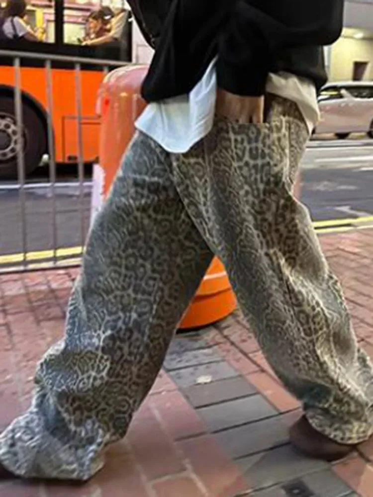 

American Loose Slim Fashion Women Jeans Retro Leopard Casual Wide Leg Pants Female New High Waist Chicly Straight Pants Woman