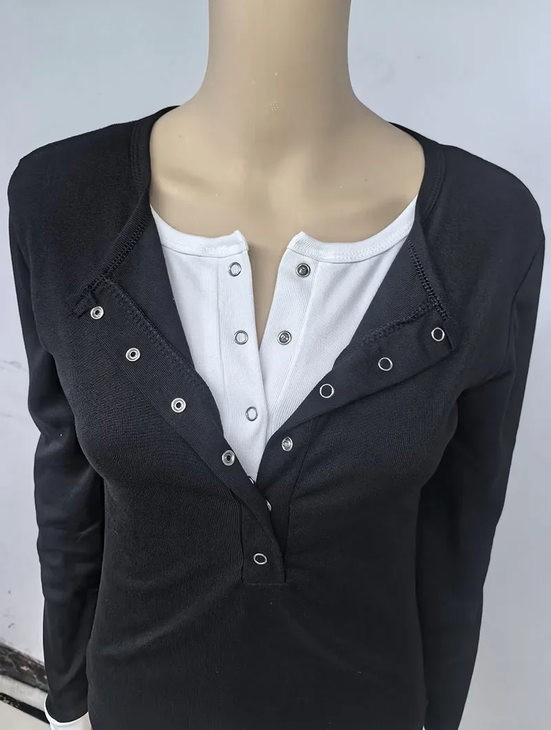 2026 Frühling Neues Langarm-T-Shirt für Damen Sexy Hot Girl Retro Fake Zweiteiler Y2K Tops Koreanische Patchwork-Kontrast-T-Shirts – Detail 1
