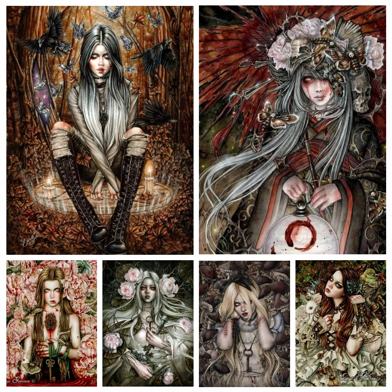 Gothic Vampire Girl Witch Diamond Painting AB Full Drills Horror Halloween Dark Woman Mosaic Cross Stitch Handwork Home Decor