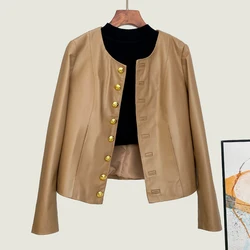 S-3XL Chic O-neck Women Single-breasted Real Leather Coat Fashion Khaki/Black Full Sleeve Female Slim-fit Sheepskin Short Jacket