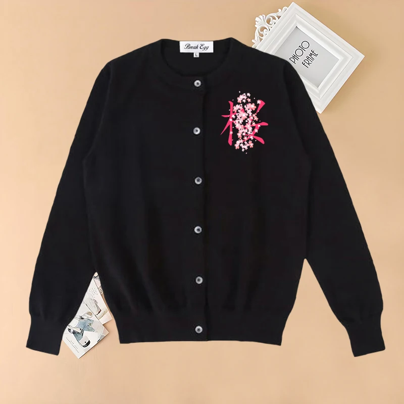 

Japanese Cherry Blossom Letter Petals Print Women Cardigan Cotton O-Neck Fit Single Breasted Autumn Elastic Home Office Sweater