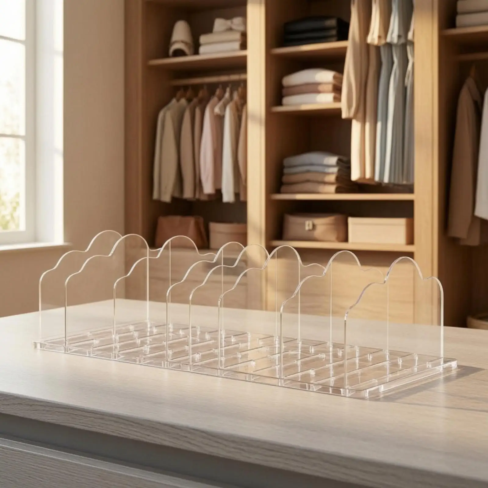 Adjustable Drawer Divider Panel Storage Organizer for Cabinet Shelves Closet Countertop with Clear Plastic Snap in Sections for