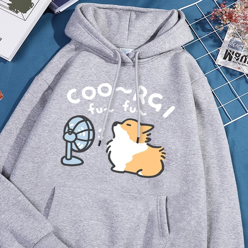 

Wind blowing corgi dog fun hoodies men women crewneck fleece pullover warm casual clothes fashion pocket loose couple hoodie