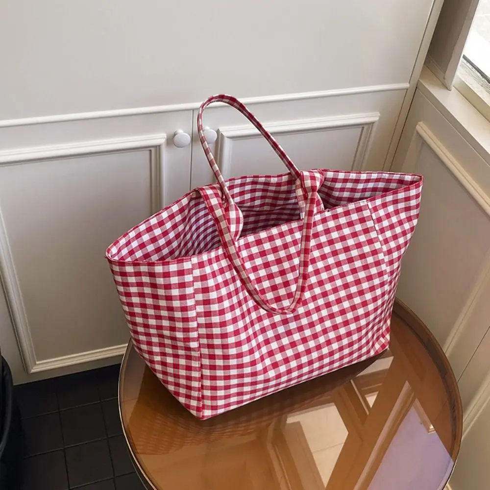 Fashion Korean Style Red Plaid Shoulder Bag Check Grid Lattice Tote Bag Cute Lightweight Canvas Bag Shopping