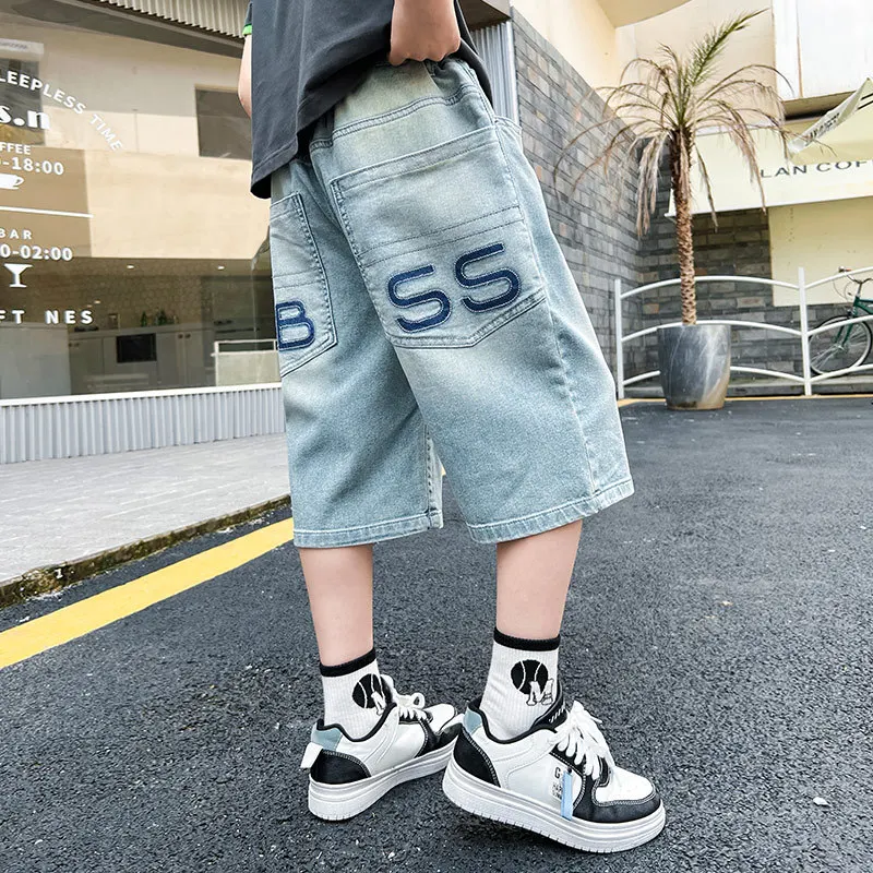 New Summer Teenage Boys Denim Shorts Classic Light Blue Thin Style Fashion Elastic Waist Jeans Shorts Kids Clothes 6 - 14 Years