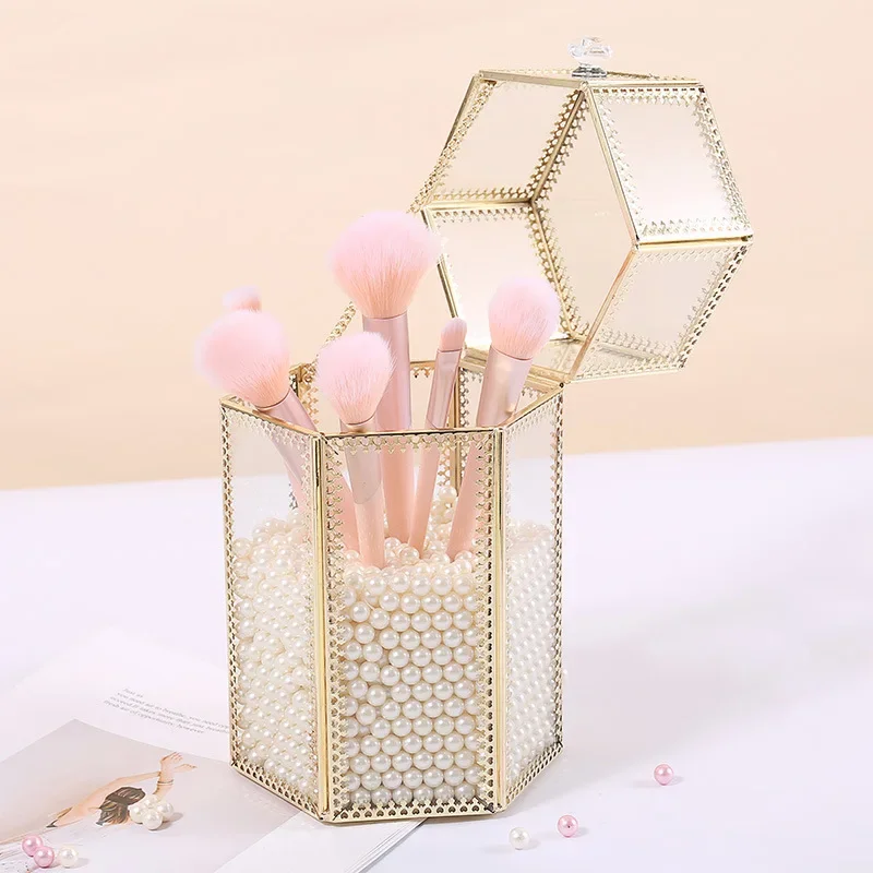 Glass Makeup Brush Box Holder Jewelry Box Pencil Bucket Makeup Organizer Desktop Cosmetic Storage Box Pearls Barrel  ZM827