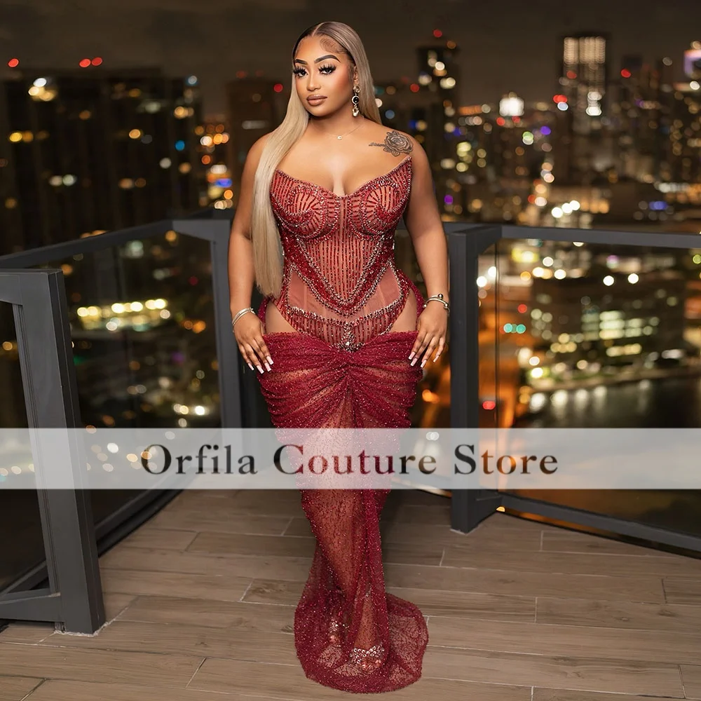 Burgundy Sheer Mermaid Prom Dress Rhinestone Beaded Formal Evening GownFormal Night Club Maxi Dress Birthday Party Gown