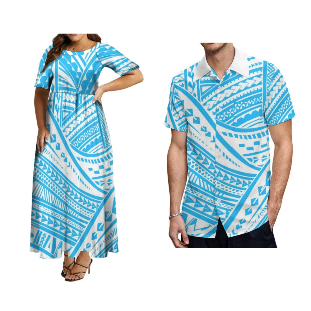 

Summer Crew-Neck Short-Sleeved Women'S Dress Full Skirt Skirt Custom Polynesian Pattern Flower Print Samoan Couple Suit