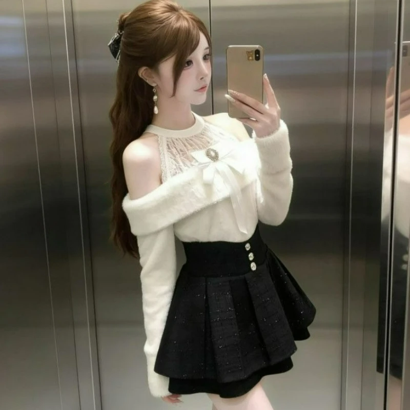 

Japanese Kawaii Cute Lolita 2 Piece Sets Women Sweet Lace Bow Off Shoulder Knitted Sweater High Waist A Line Mini Skirts Outfits