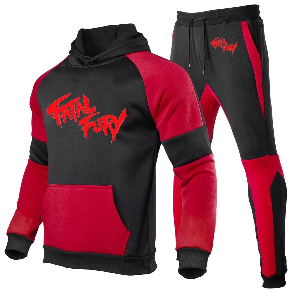 

2025 Spring Autumn Men Terry Bogard Fatal Fury Logo Print Personality Big Pocket Pullover Hoodies+Trendy Sweatpants Splicing Set