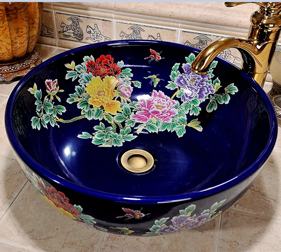 

Jingdezhen factory directly art hand painted ceramic wash basin blue peony