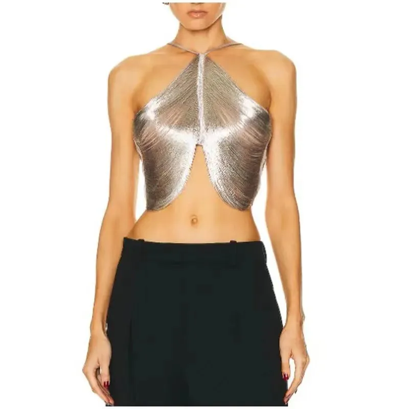 Sexy Metallic Off-Shoulder Halter Crop Tops For Women Sliver Tassels Halter Sleeveless Backless Slim Party Club Camisole